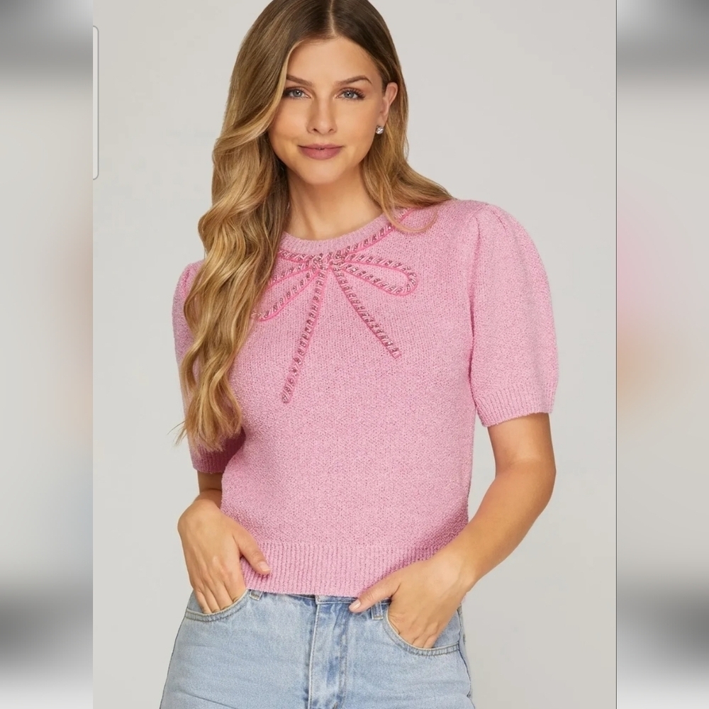 NWT She + Sky Pink Beaded Bow Puff Sleeve Sweater Top Coquette. Size Small
